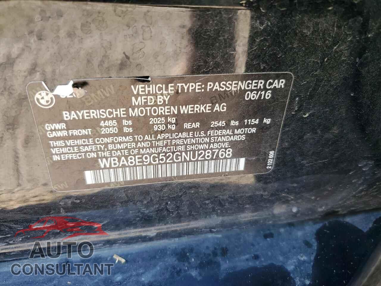 BMW 3 SERIES 2016 - WBA8E9G52GNU28768