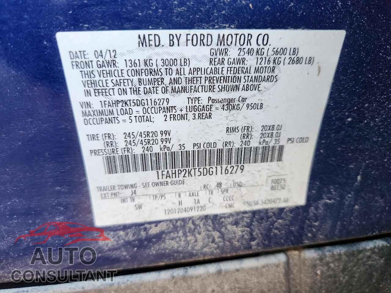 FORD TAURUS 2013 - 1FAHP2KT5DG116279