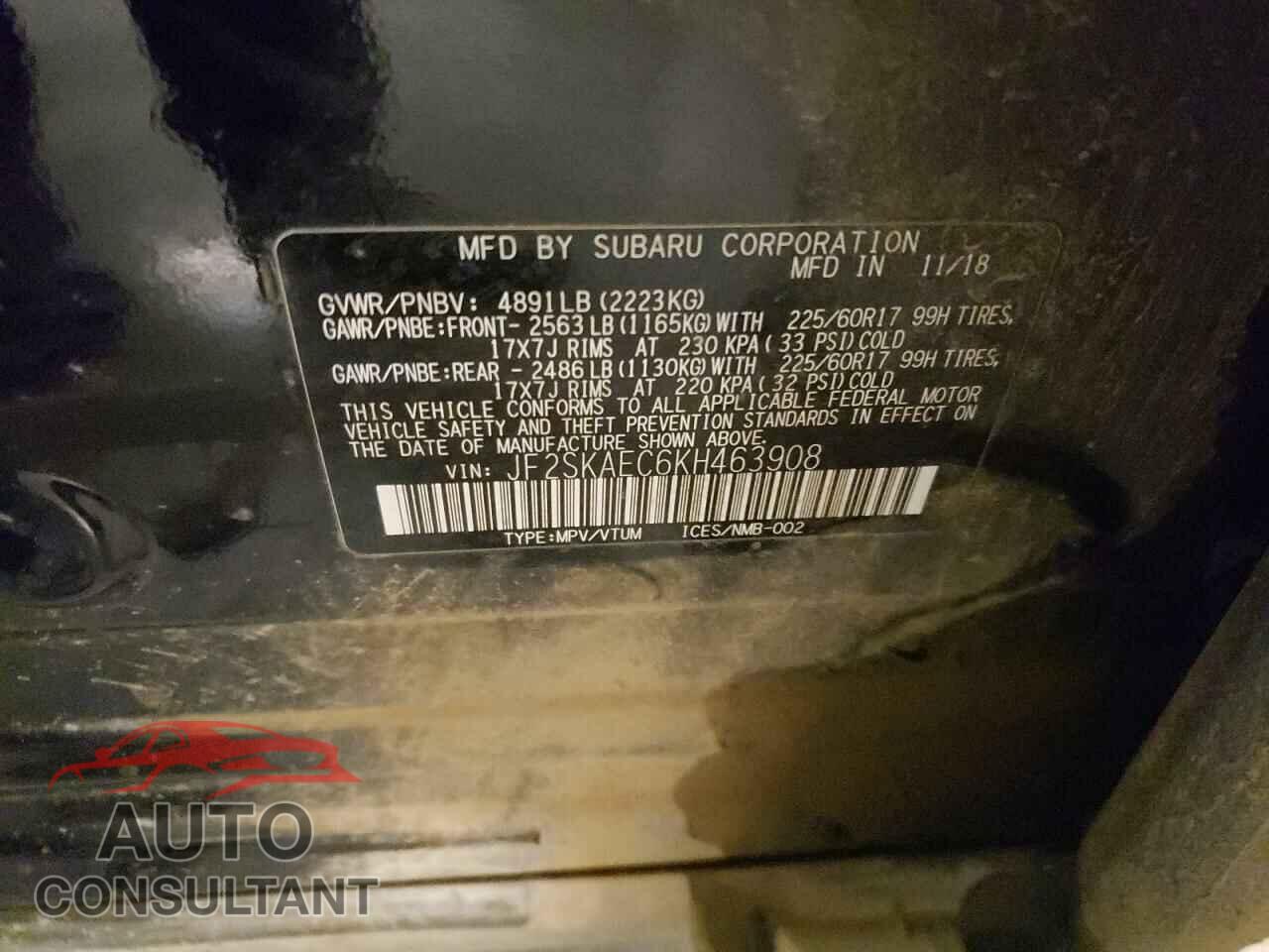 SUBARU FORESTER 2019 - JF2SKAEC6KH463908