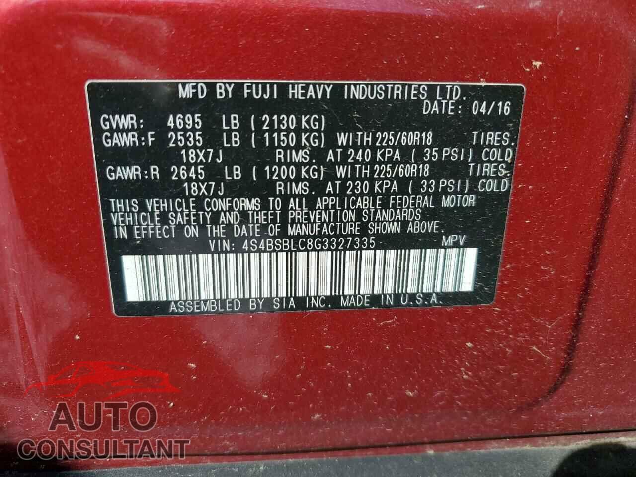 SUBARU OUTBACK 2016 - 4S4BSBLC8G3327335
