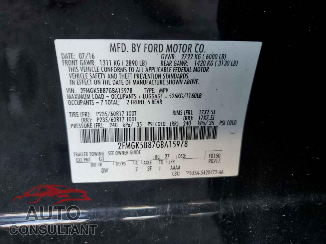 FORD FLEX 2016 - 2FMGK5B87GBA15978