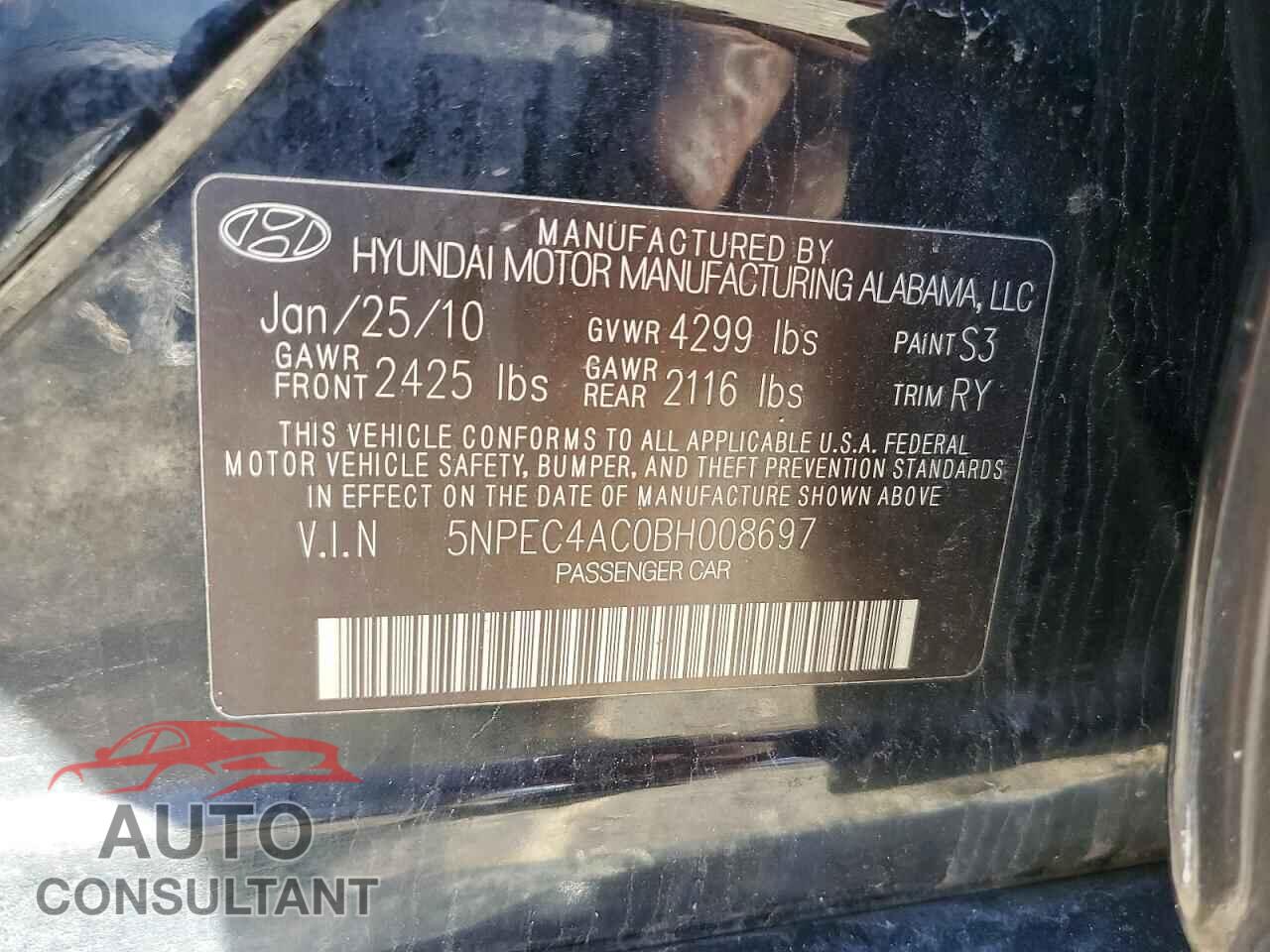 HYUNDAI SONATA 2011 - 5NPEC4AC0BH008697