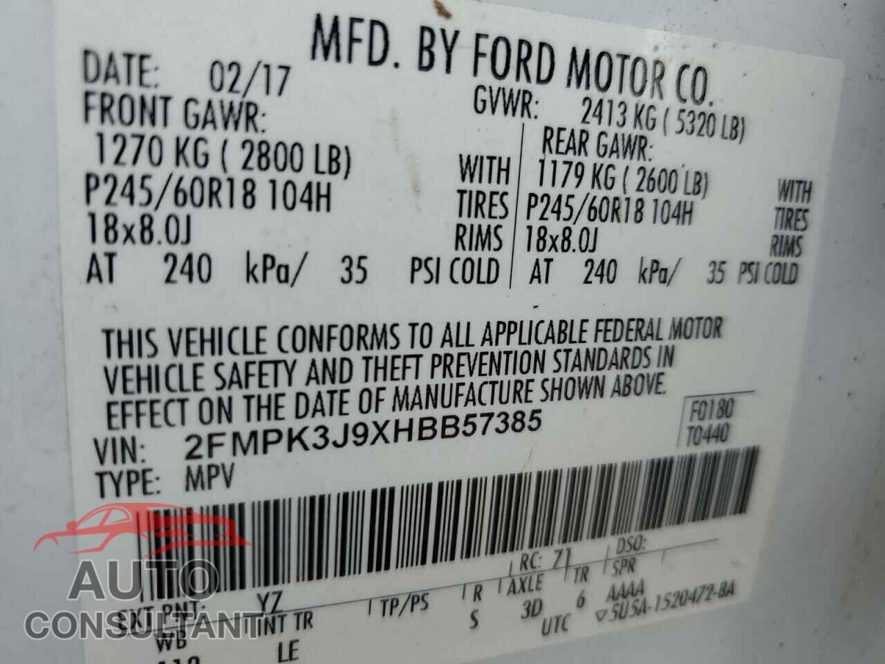 FORD EDGE 2017 - 2FMPK3J9XHBB57385