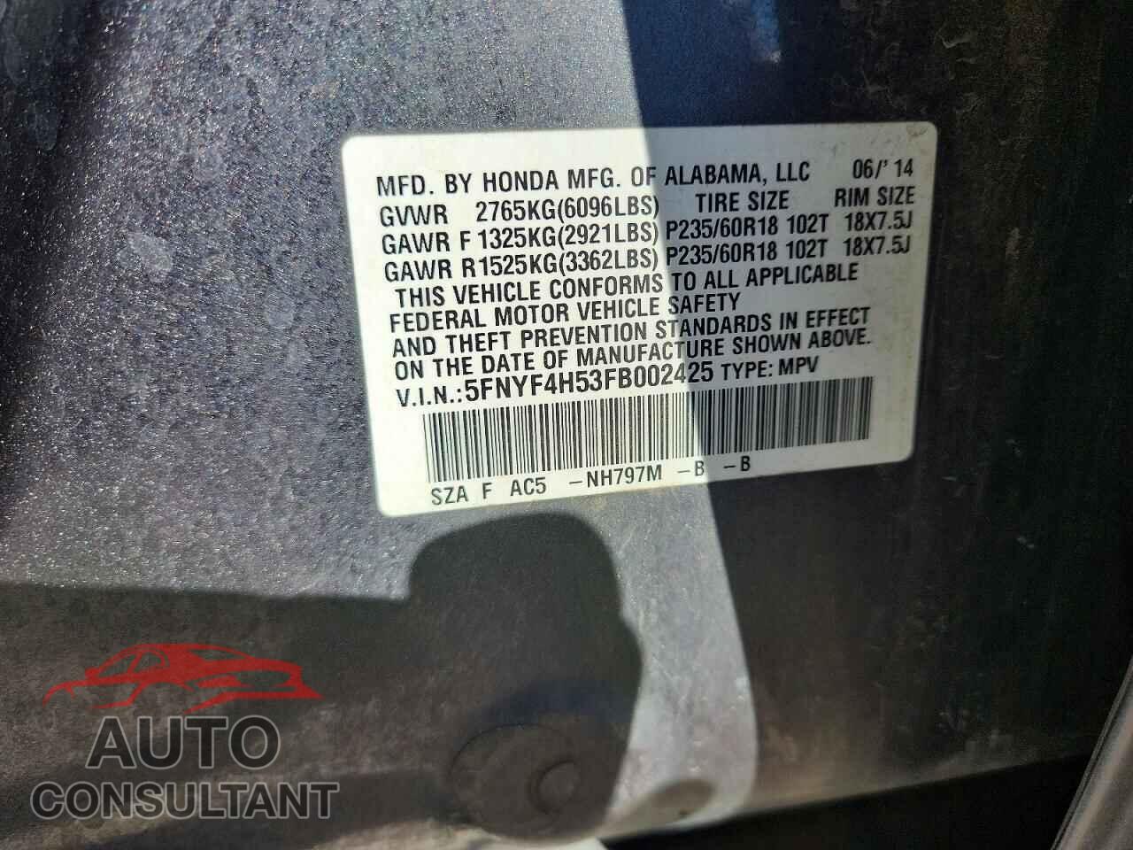 HONDA PILOT 2015 - 5FNYF4H53FB002425