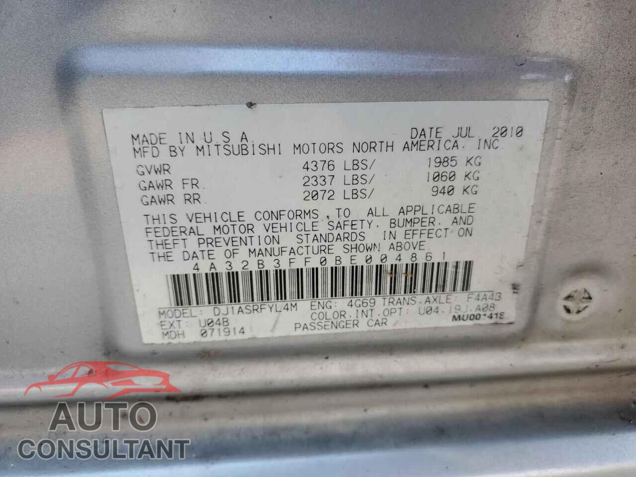 MITSUBISHI GALANT 2011 - 4A32B3FF0BE004861
