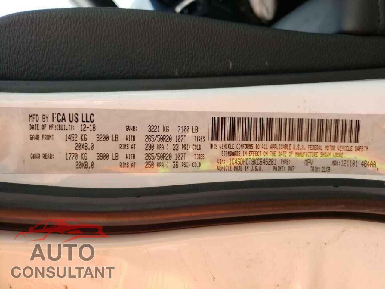 DODGE DURANGO 2019 - 1C4SDHCT9KC645281