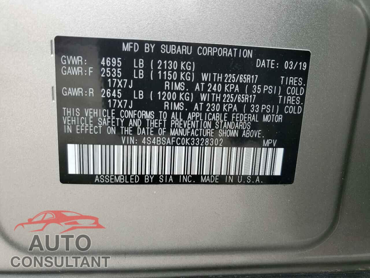 SUBARU OUTBACK 2019 - 4S4BSAFC0K3328302