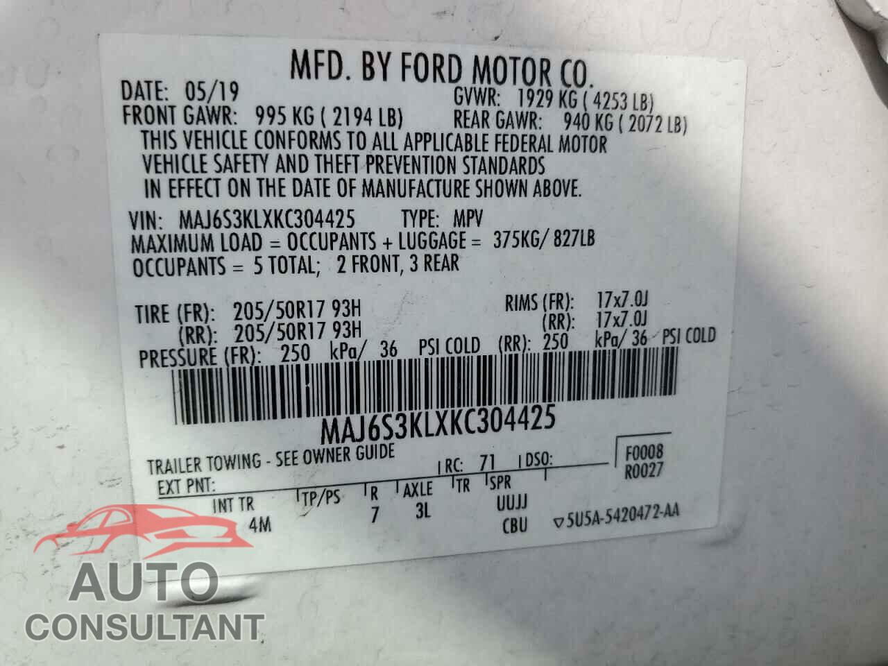 FORD ECOSPORT 2019 - MAJ6S3KLXKC304425