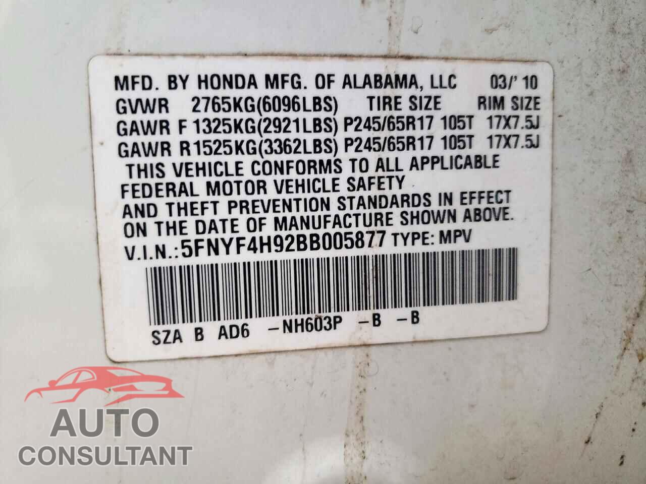 HONDA PILOT 2011 - 5FNYF4H92BB005877
