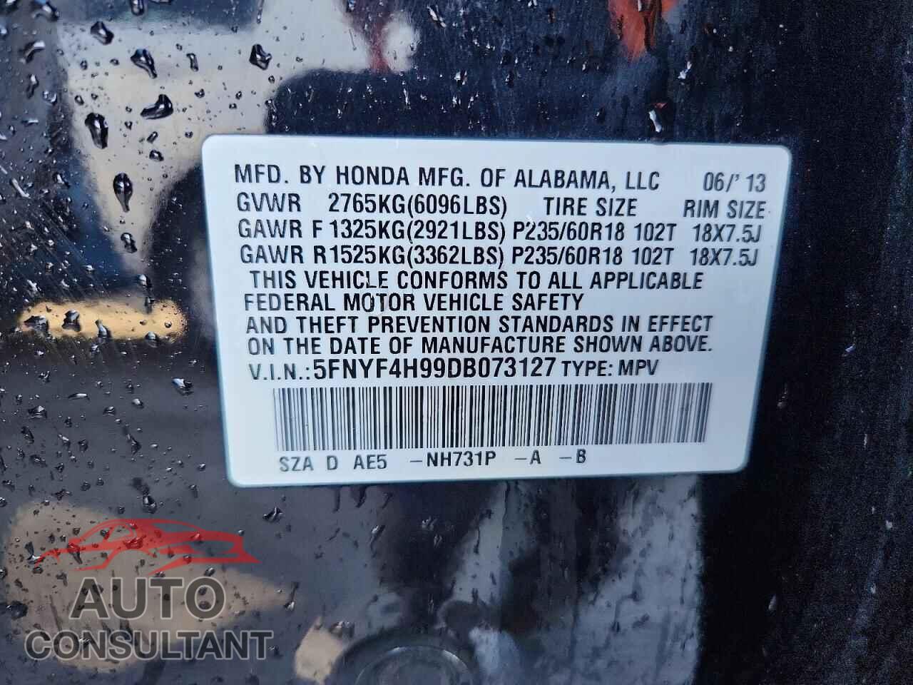 HONDA PILOT 2013 - 5FNYF4H99DB073127