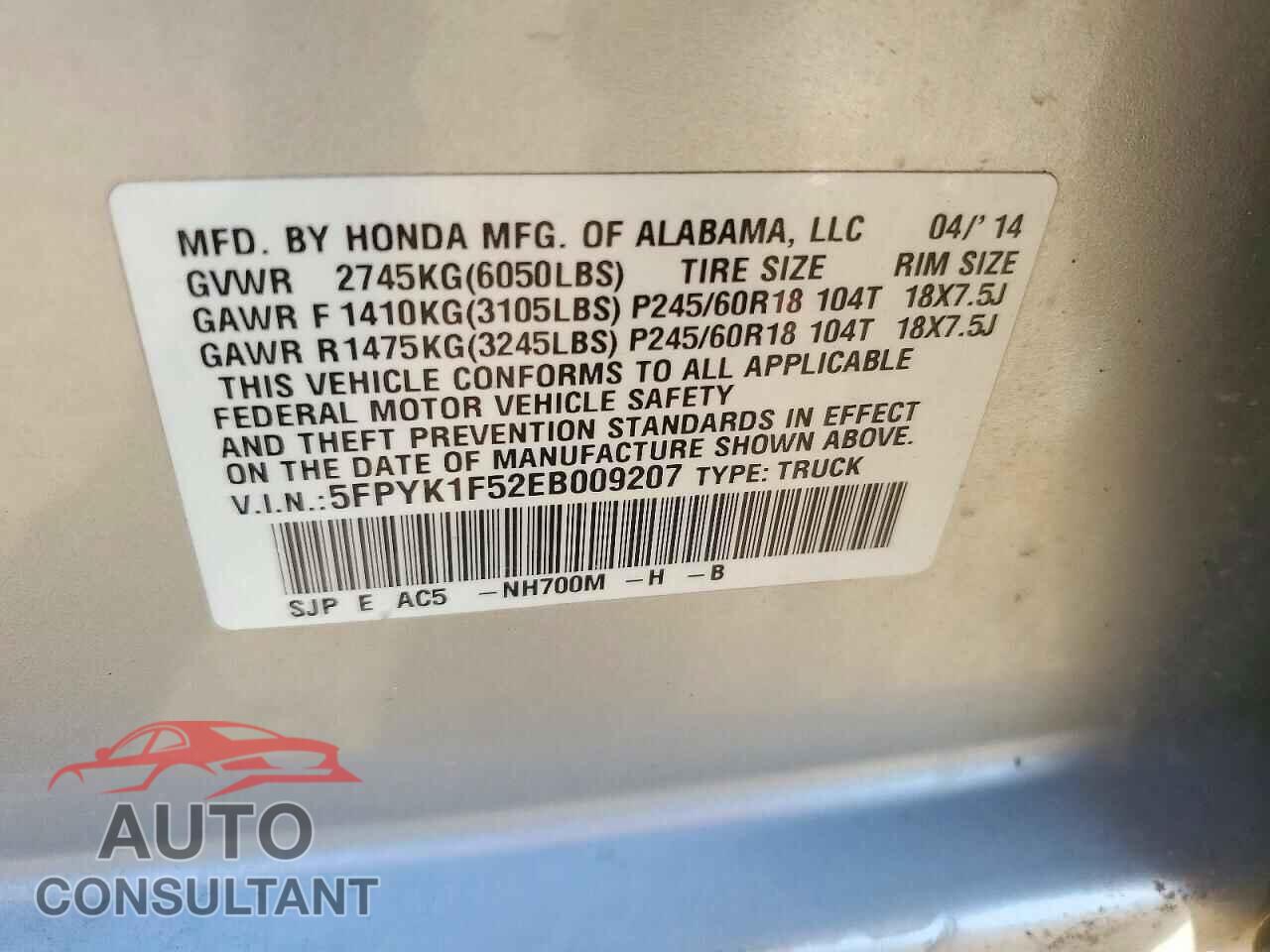 HONDA RIDGELINE 2014 - 5FPYK1F52EB009207