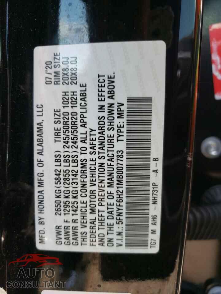 HONDA PILOT 2021 - 5FNYF6H21MB007783