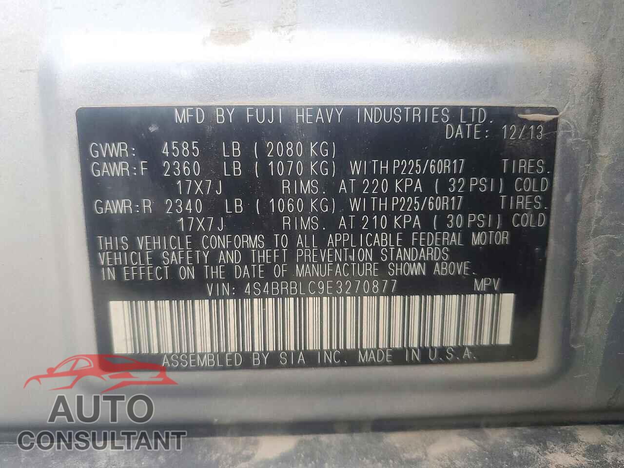 SUBARU OUTBACK 2014 - 4S4BRBLC9E3270877