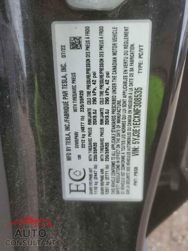 TESLA MODEL 3 2022 - 5YJ3E1ECXNF308535
