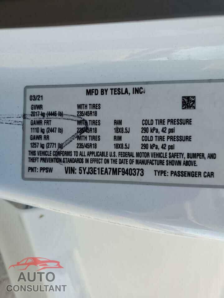 TESLA MODEL 3 2021 - 5YJ3E1EA7MF940373