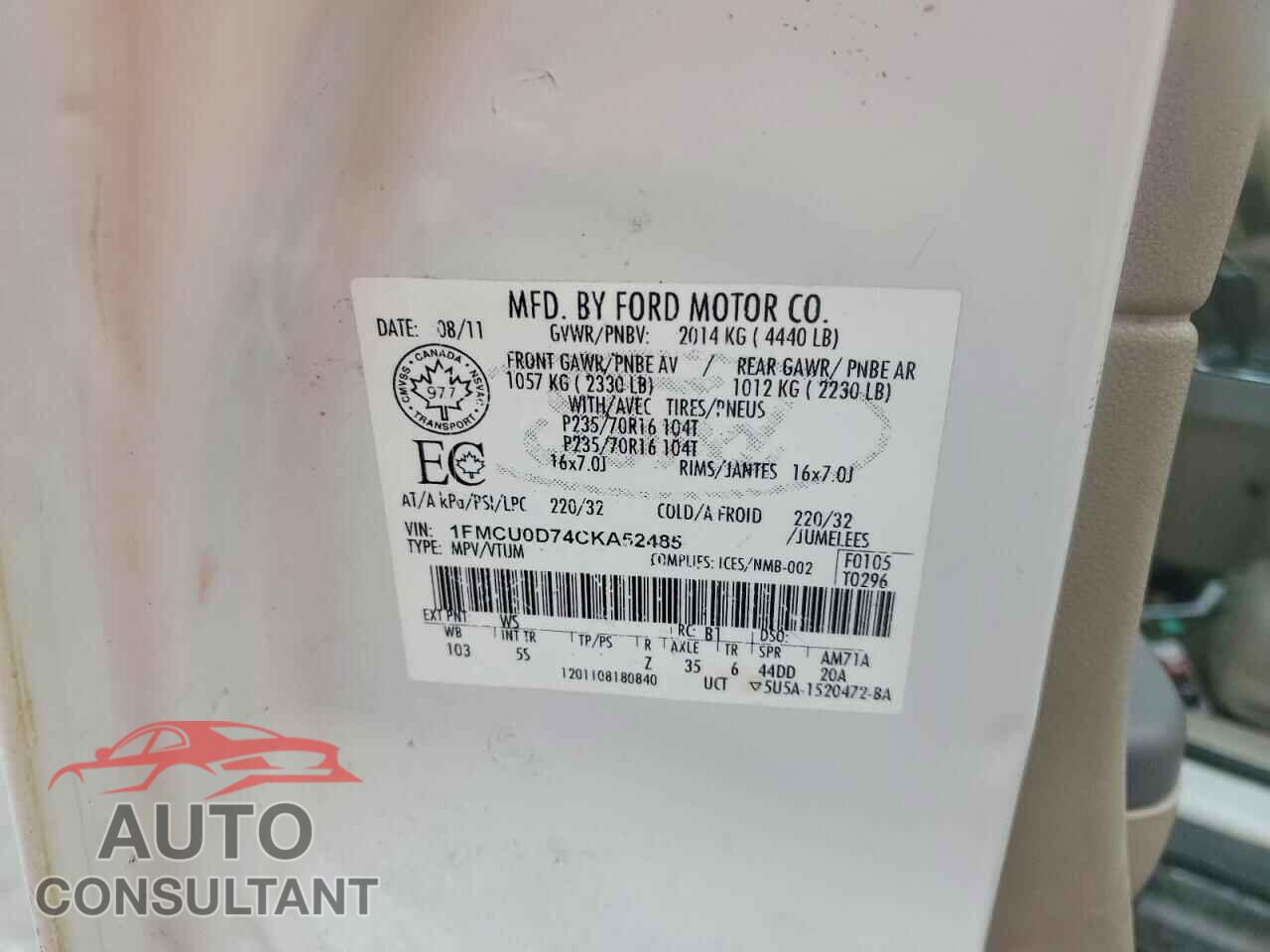 FORD ESCAPE 2012 - 1FMCU0D74CKA52485