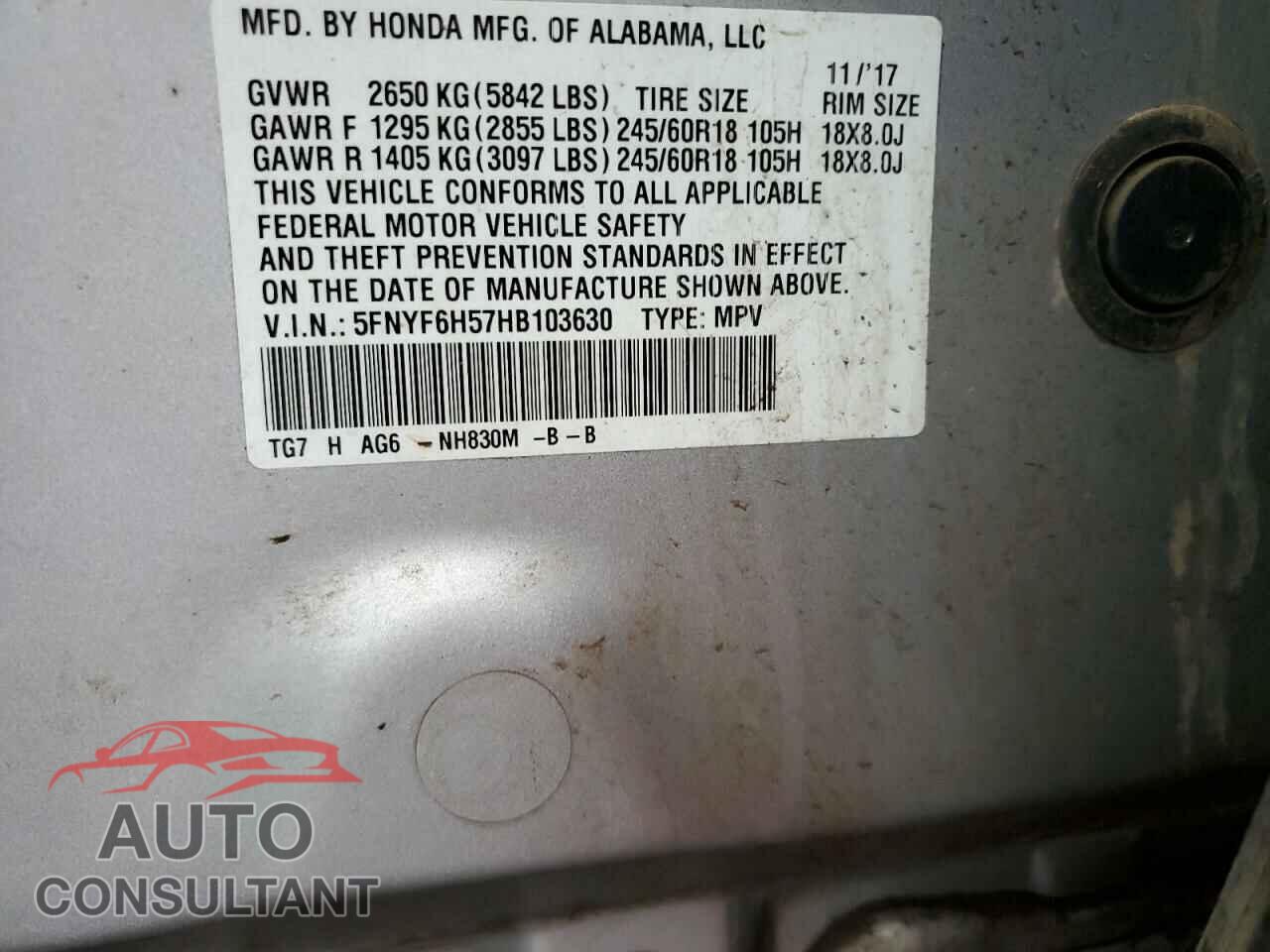 HONDA PILOT 2017 - 5FNYF6H57HB103630