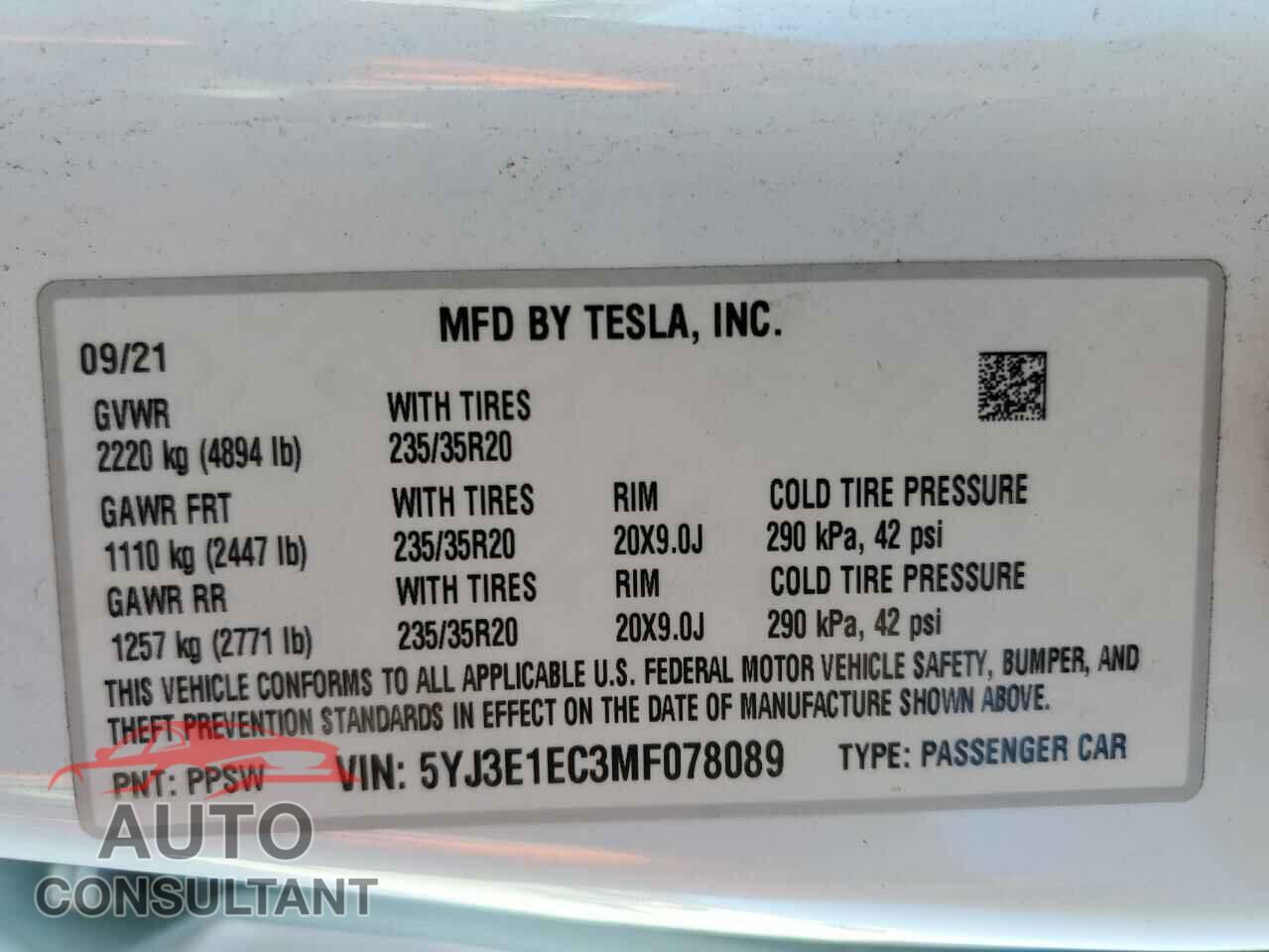 TESLA MODEL 3 2021 - 5YJ3E1EC3MF078089