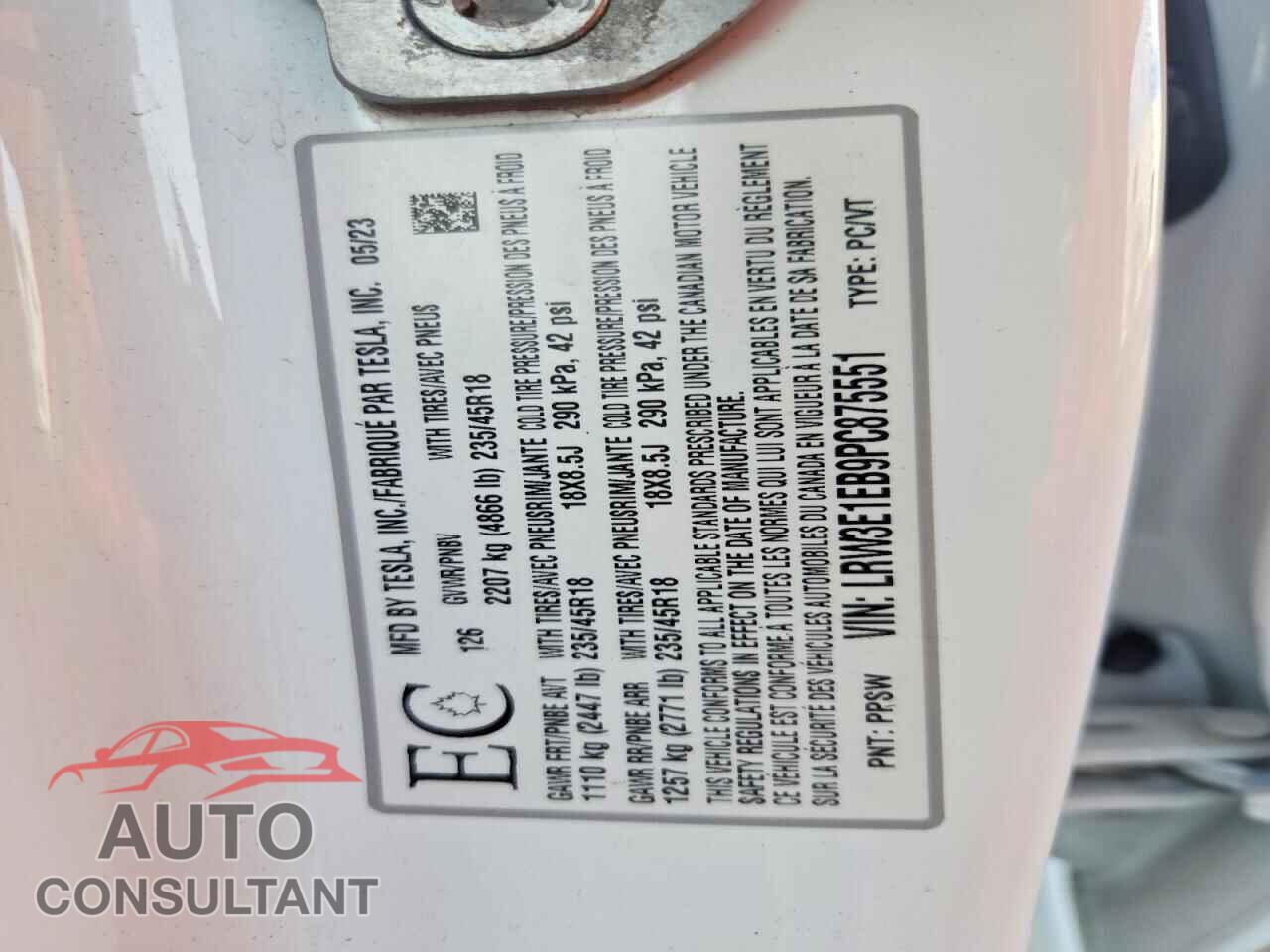 TESLA MODEL 3 2023 - LRW3E1EB9PC875551
