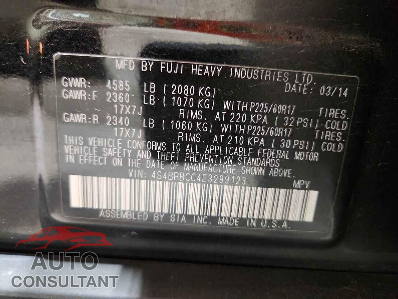 SUBARU OUTBACK 2014 - 4S4BRBCC4E3299123