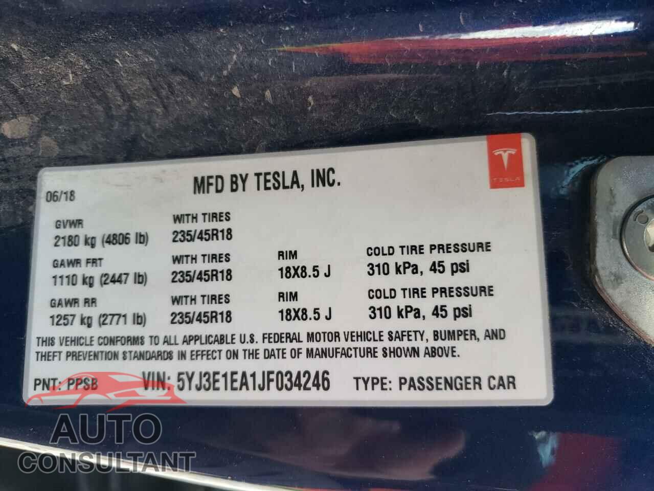 TESLA MODEL 3 2018 - 5YJ3E1EA1JF034246