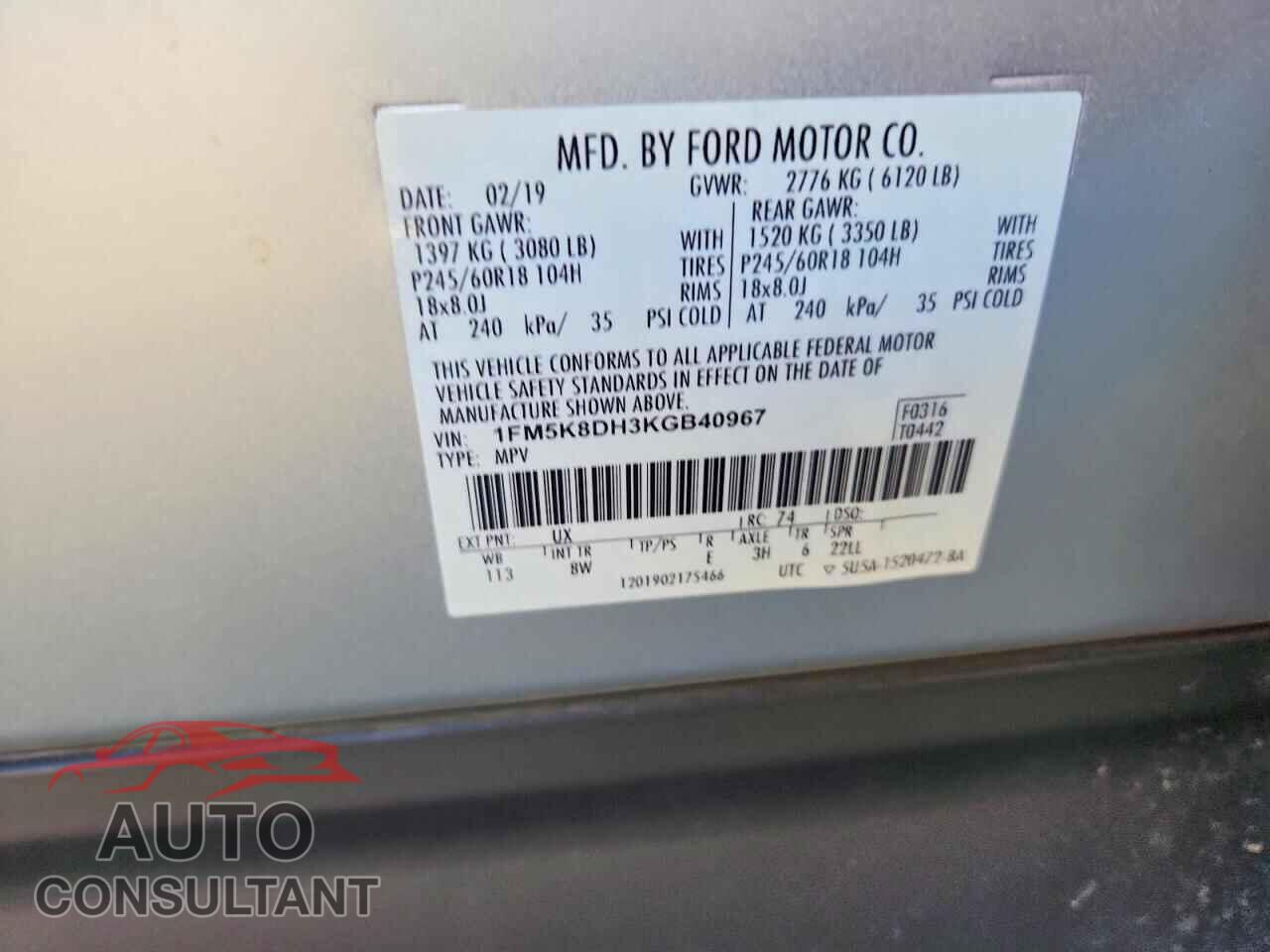 FORD EXPLORER 2019 - 1FM5K8DH3KGB40967