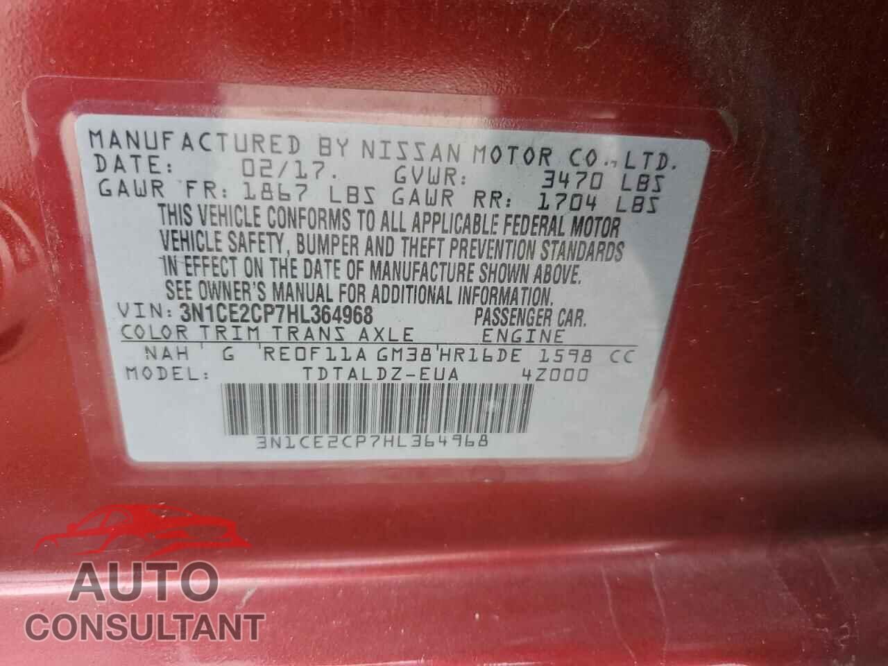 NISSAN VERSA 2017 - 3N1CE2CP7HL364968