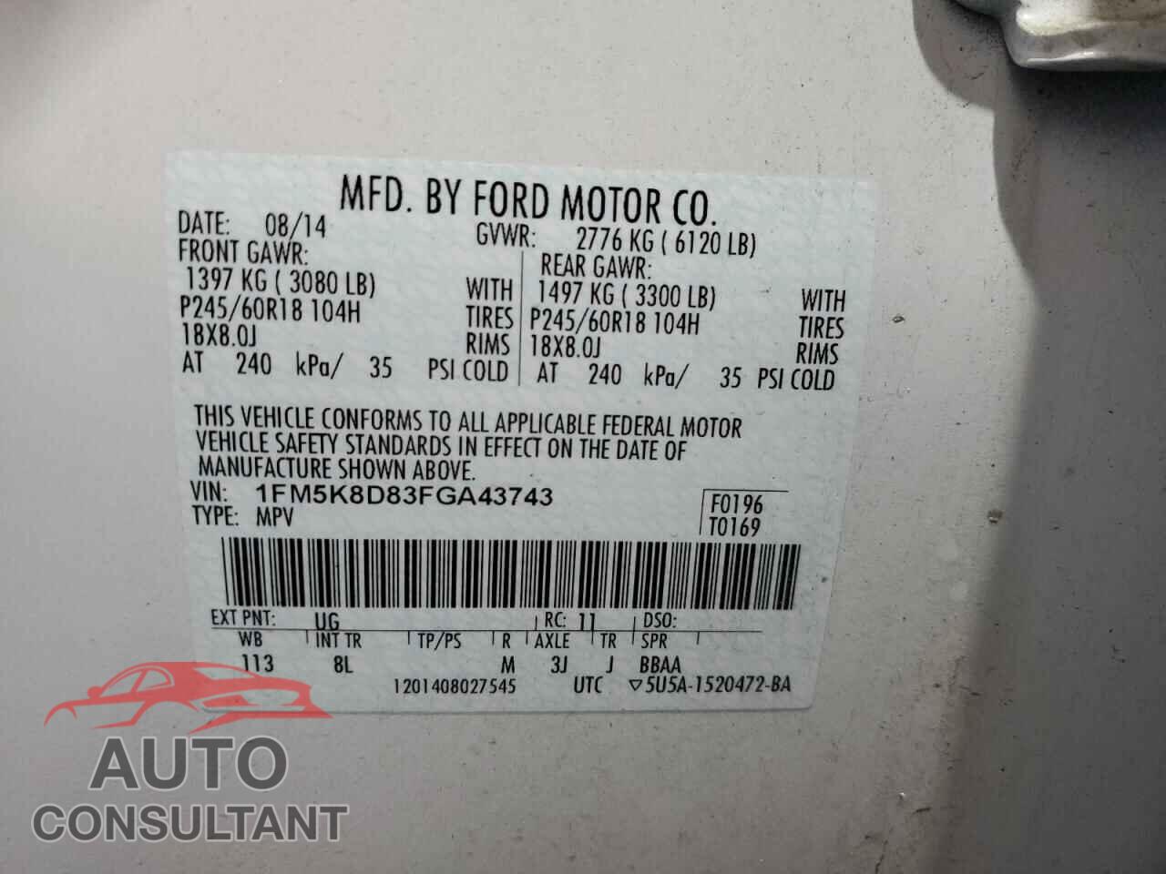 FORD EXPLORER 2015 - 1FM5K8D83FGA43743