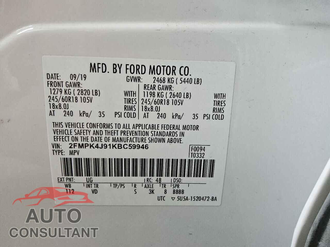 FORD EDGE 2019 - 2FMPK4J91KBC59946