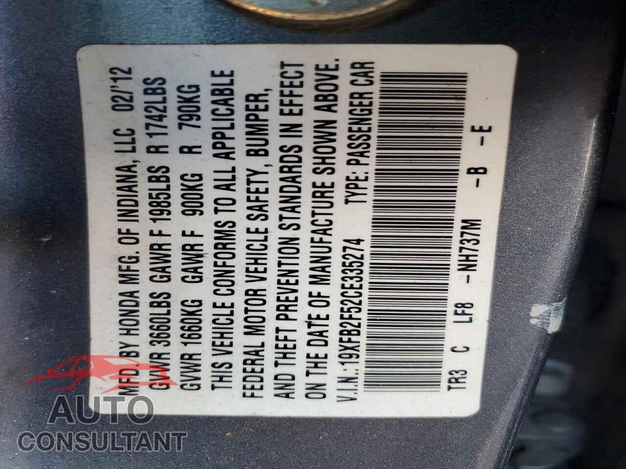 HONDA CIVIC 2012 - 19XFB2F52CE335274