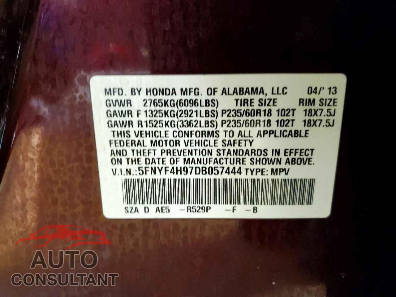 HONDA PILOT 2013 - 5FNYF4H97DB057444