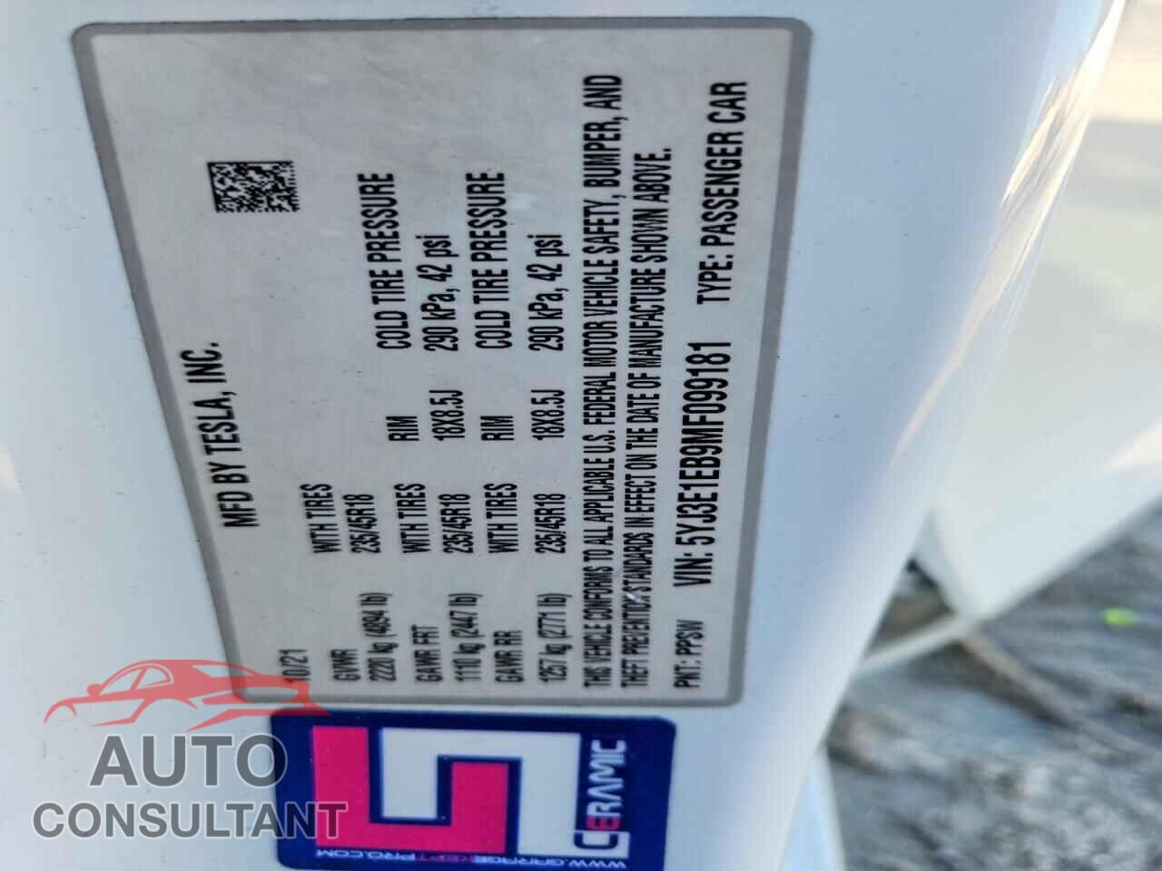 TESLA MODEL 3 2021 - 5YJ3E1EB9MF099181