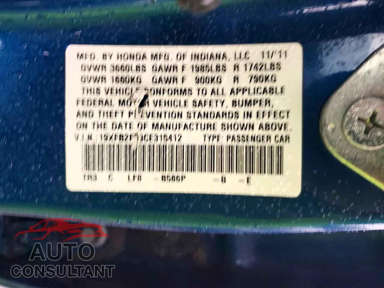 HONDA CIVIC 2012 - 19XFB2F59CE315412
