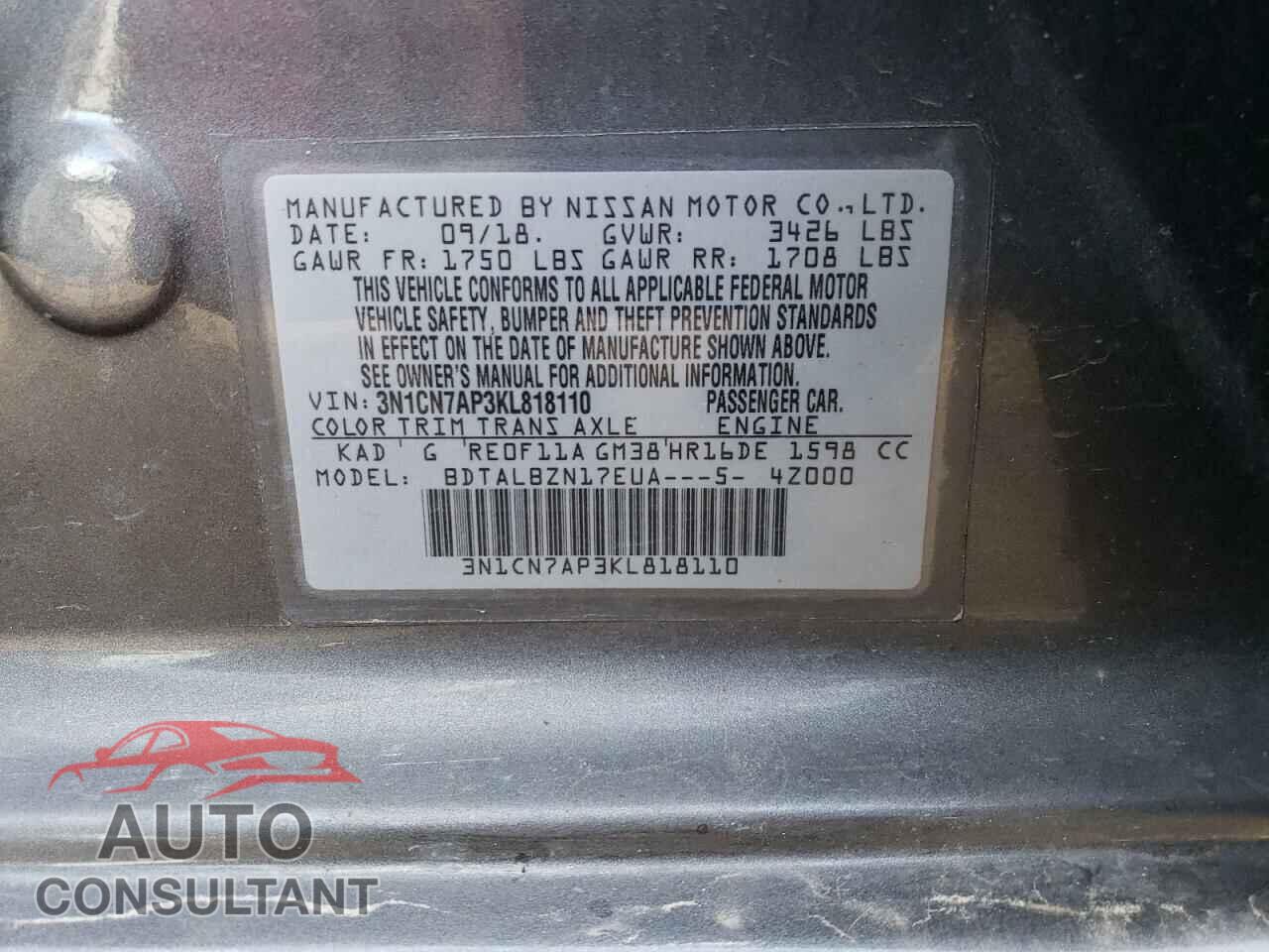 NISSAN VERSA 2019 - 3N1CN7AP3KL818110