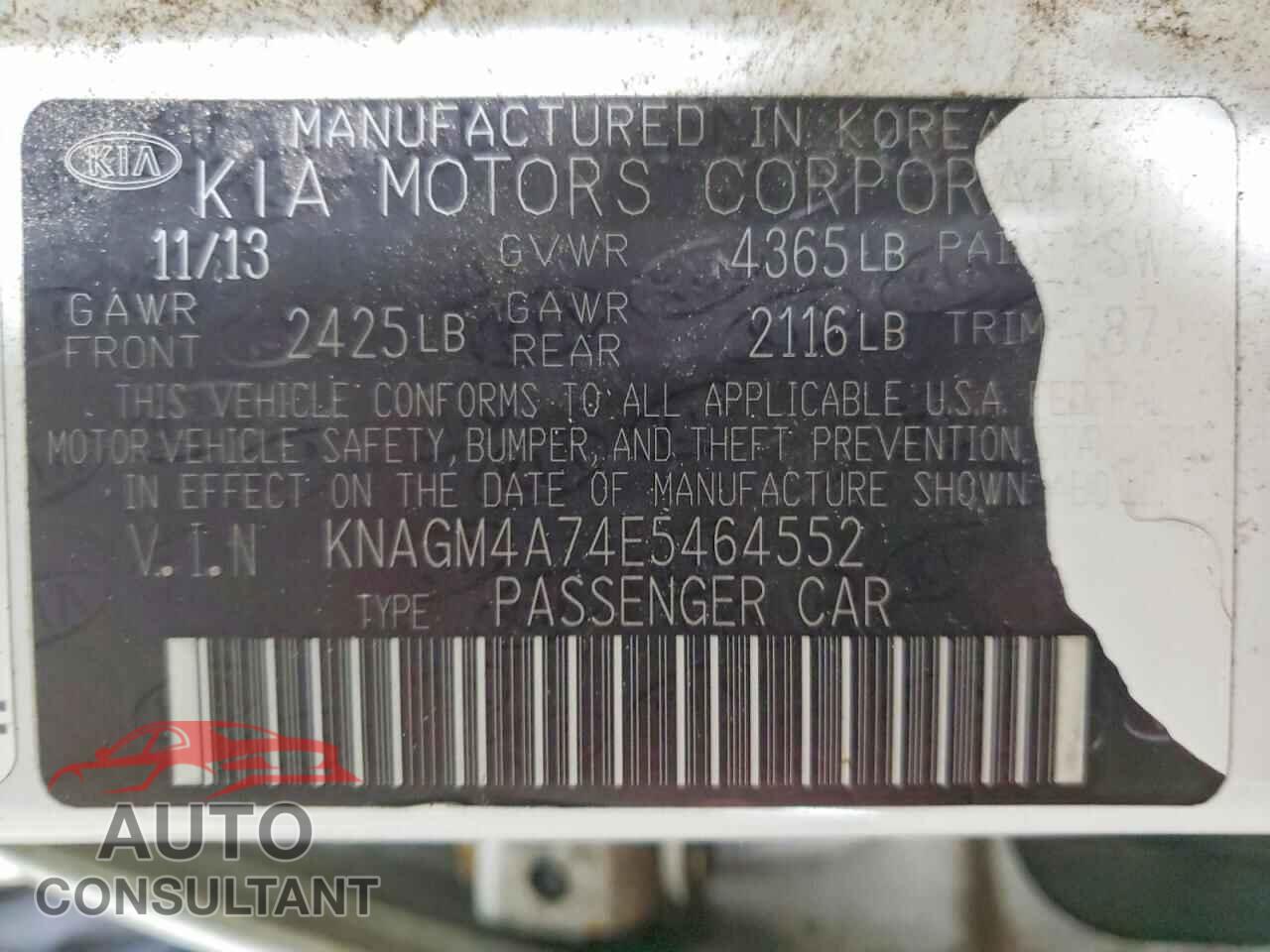 KIA OPTIMA 2014 - KNAGM4A74E5464552