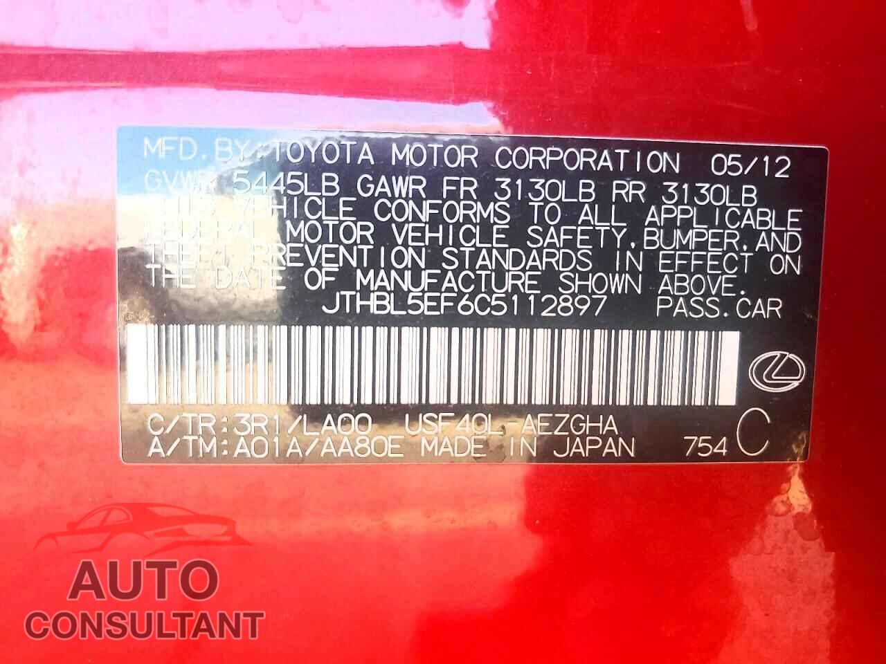 LEXUS LS500 2012 - JTHBL5EF6C5112897