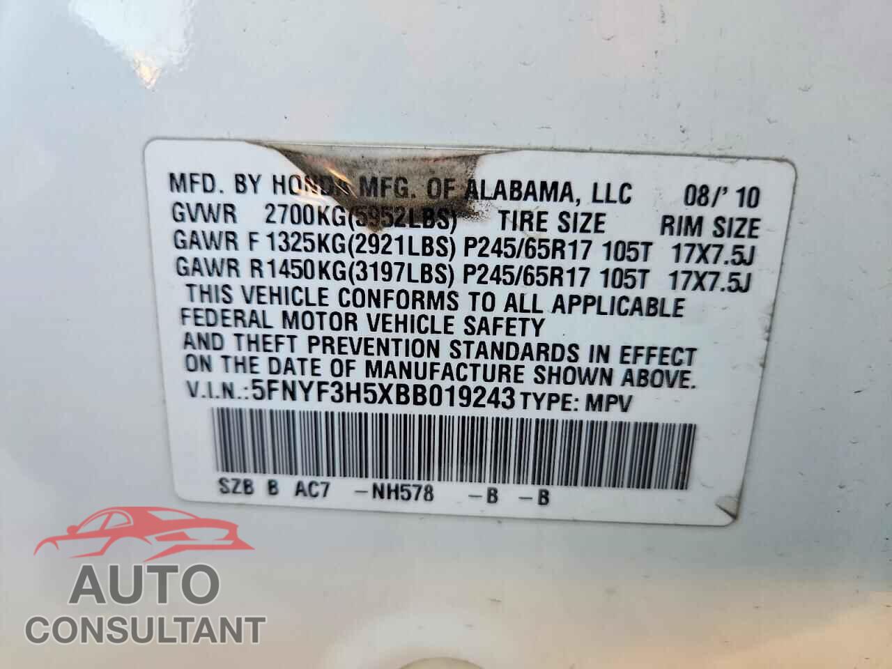 HONDA PILOT 2011 - 5FNYF3H5XBB019243