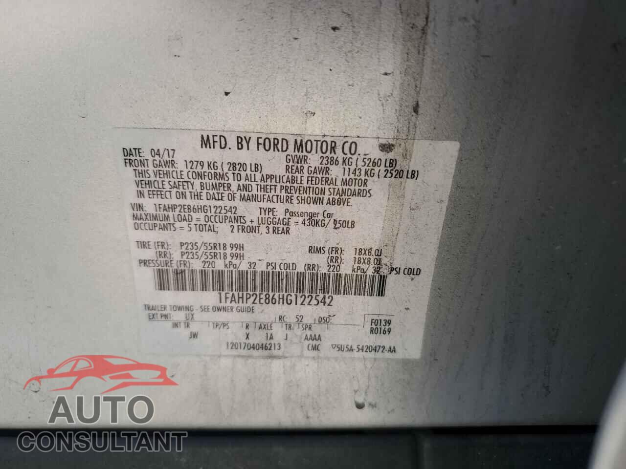 FORD TAURUS 2017 - 1FAHP2E86HG122542