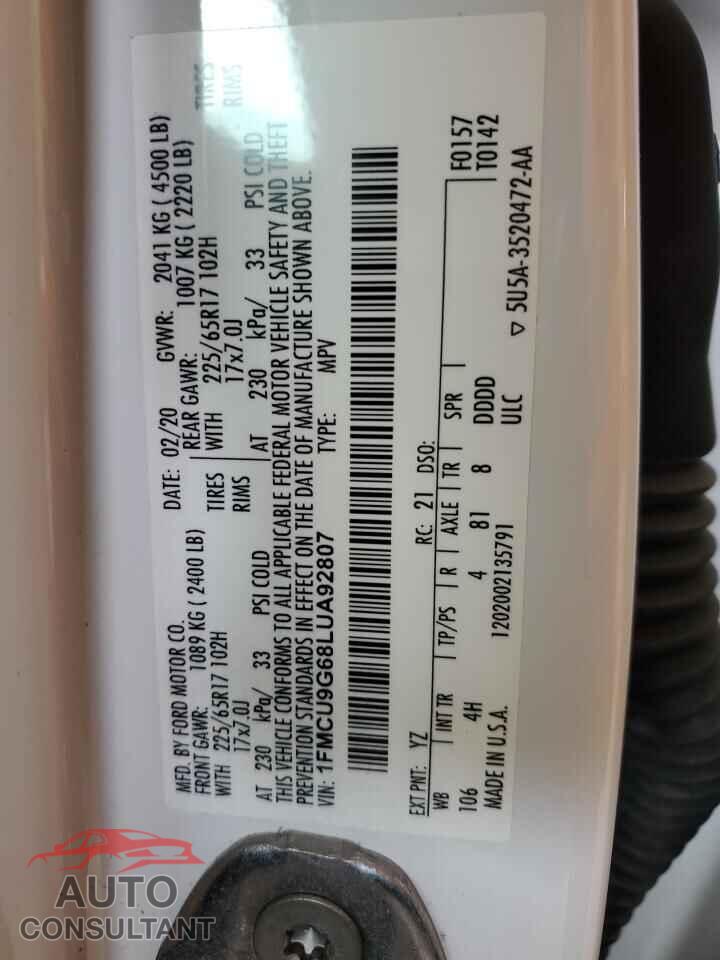 FORD ESCAPE 2020 - 1FMCU9G68LUA92807