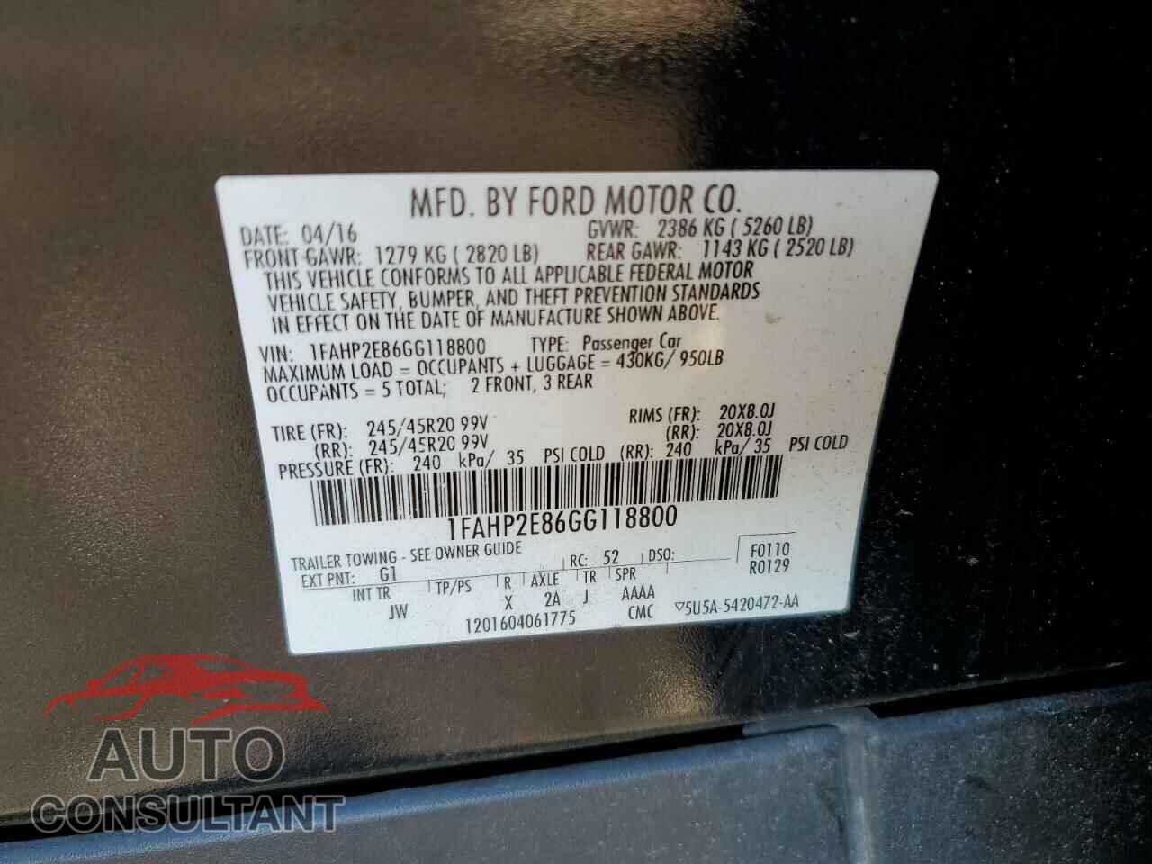 FORD TAURUS 2016 - 1FAHP2E86GG118800