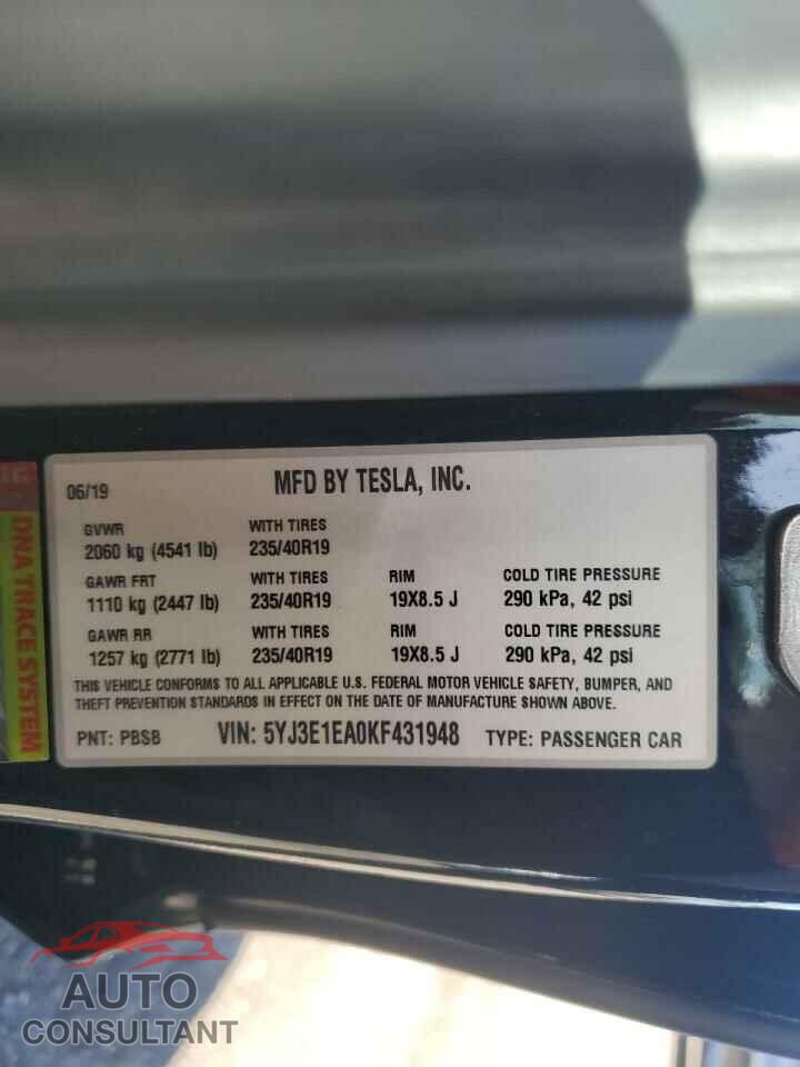 TESLA MODEL 3 2019 - 5YJ3E1EA0KF431948