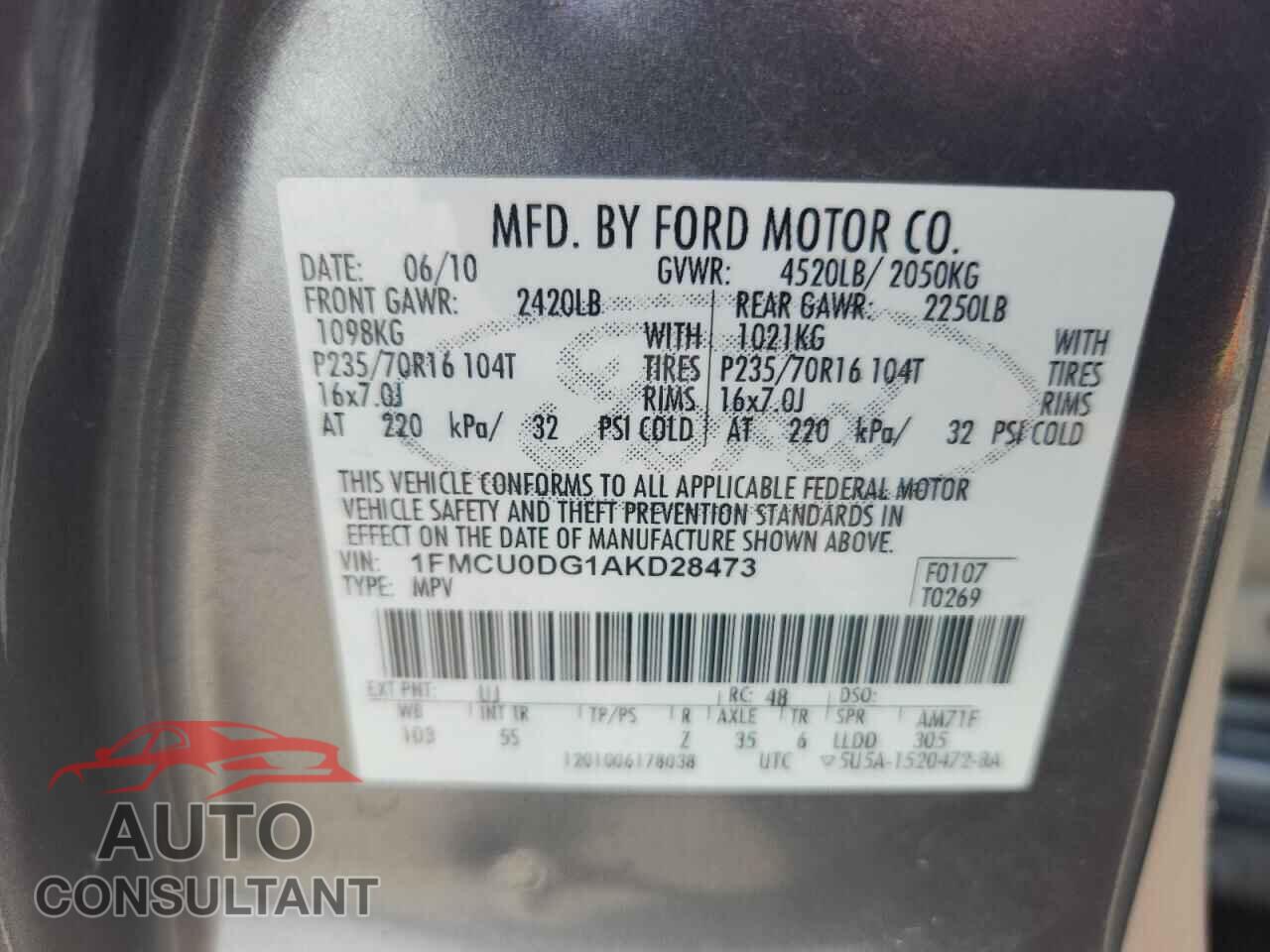 FORD ESCAPE 2010 - 1FMCU0DG1AKD28473