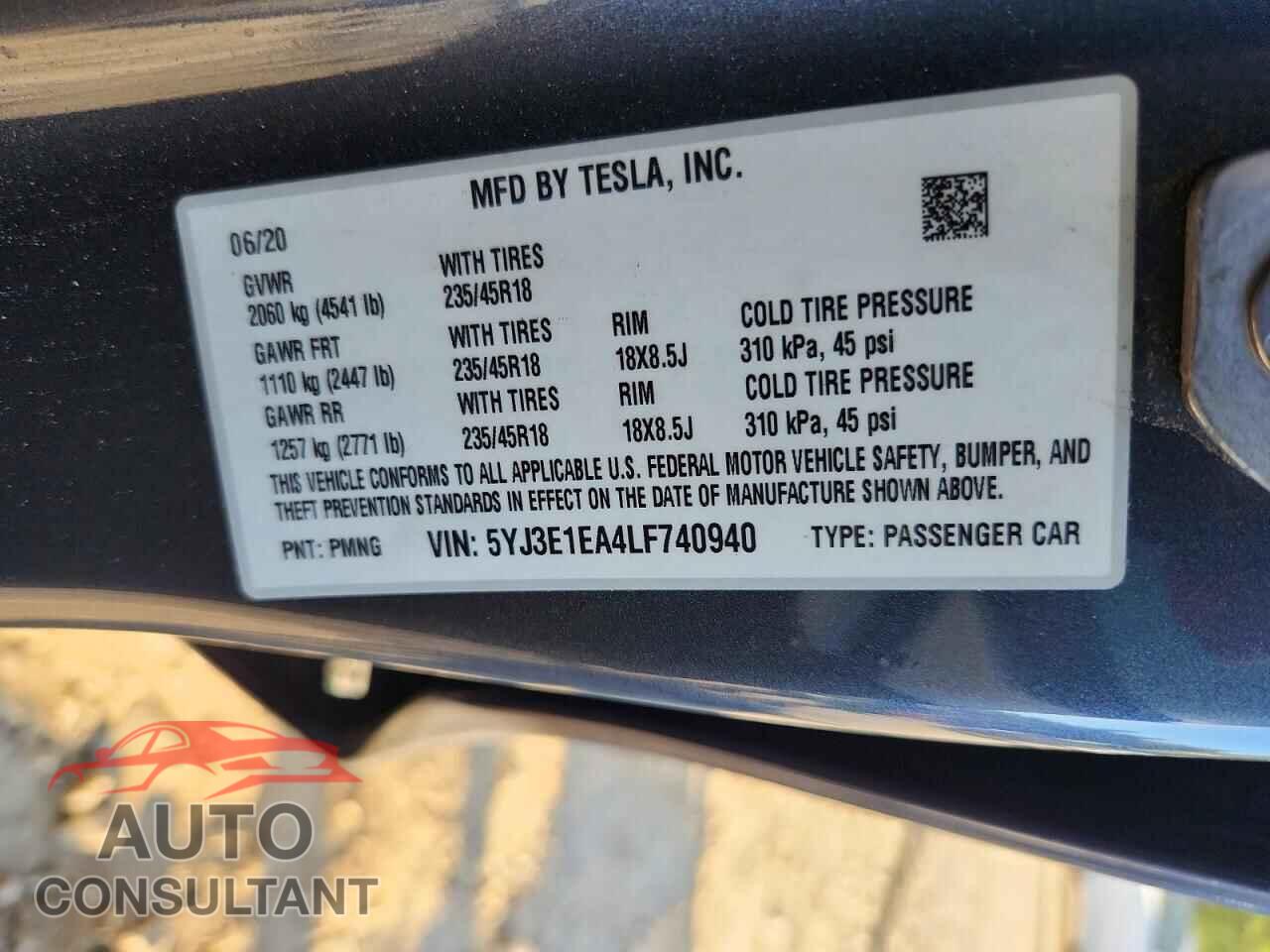 TESLA MODEL 3 2020 - 5YJ3E1EA4LF740940