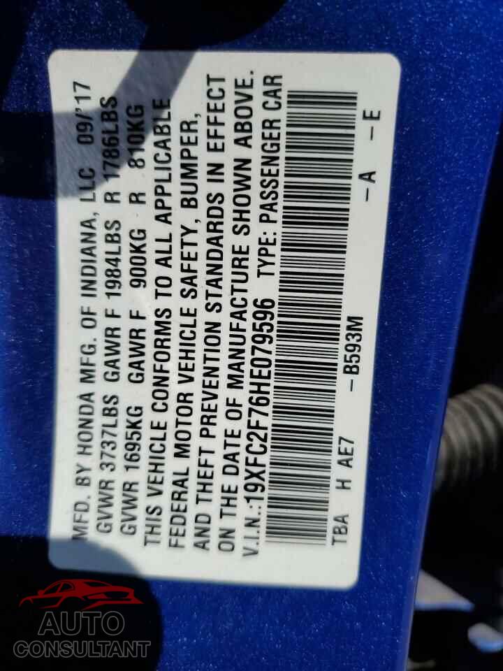 HONDA CIVIC 2017 - 19XFC2F76HE079596
