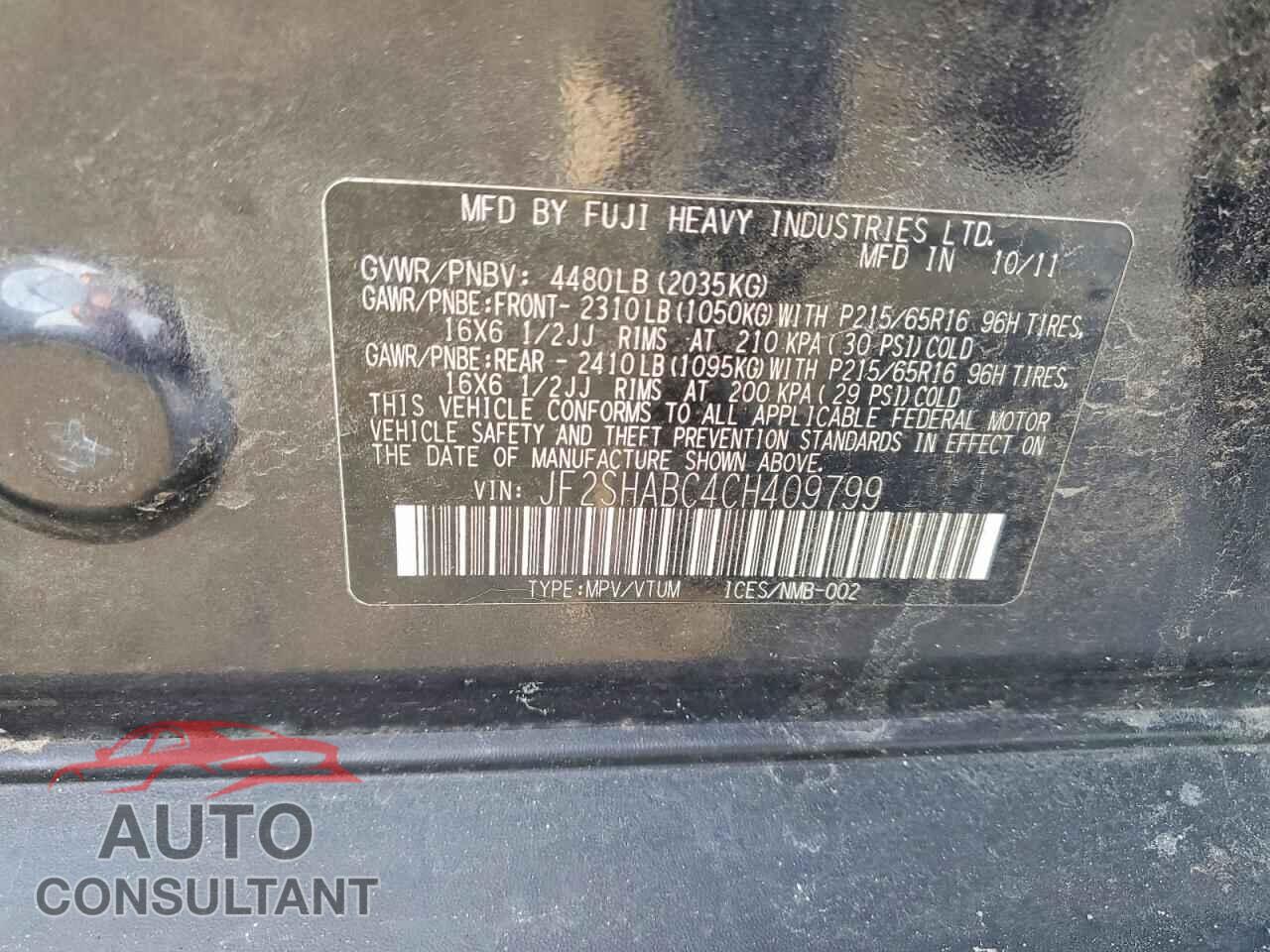 SUBARU FORESTER 2012 - JF2SHABC4CH409799
