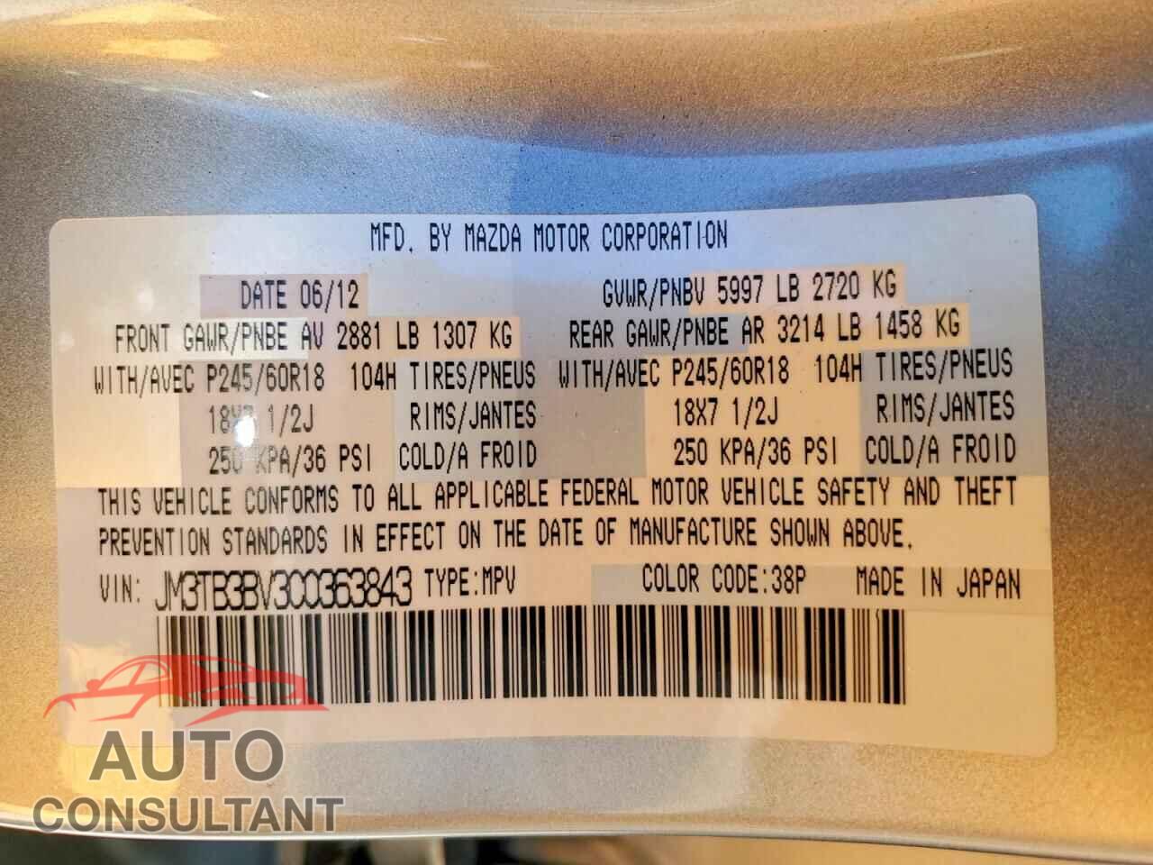 MAZDA CX-9 2012 - JM3TB3BV3C0363843