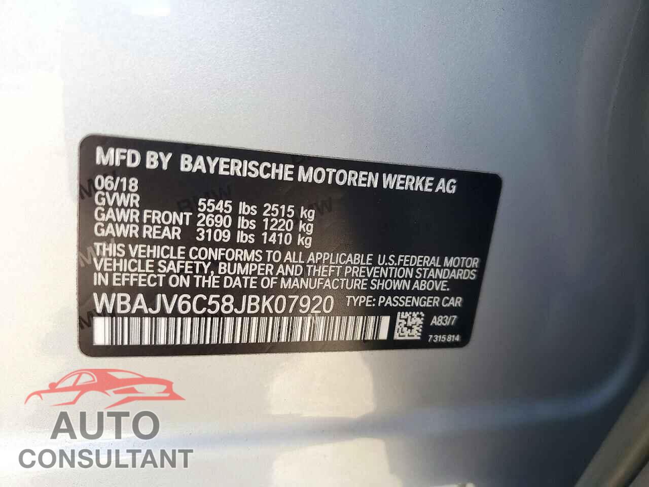 BMW 6 SERIES 2018 - WBAJV6C58JBK07920