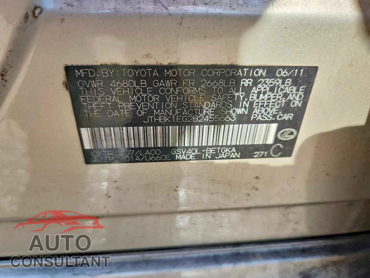 LEXUS ES350 2011 - JTHBK1EG2B2455663