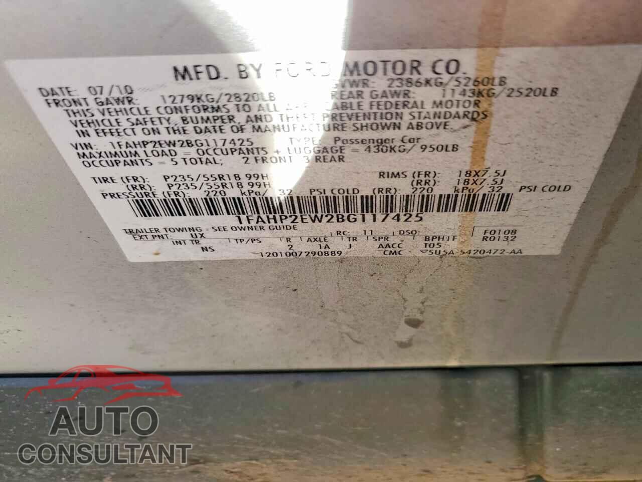 FORD TAURUS 2011 - 1FAHP2EW2BG117425