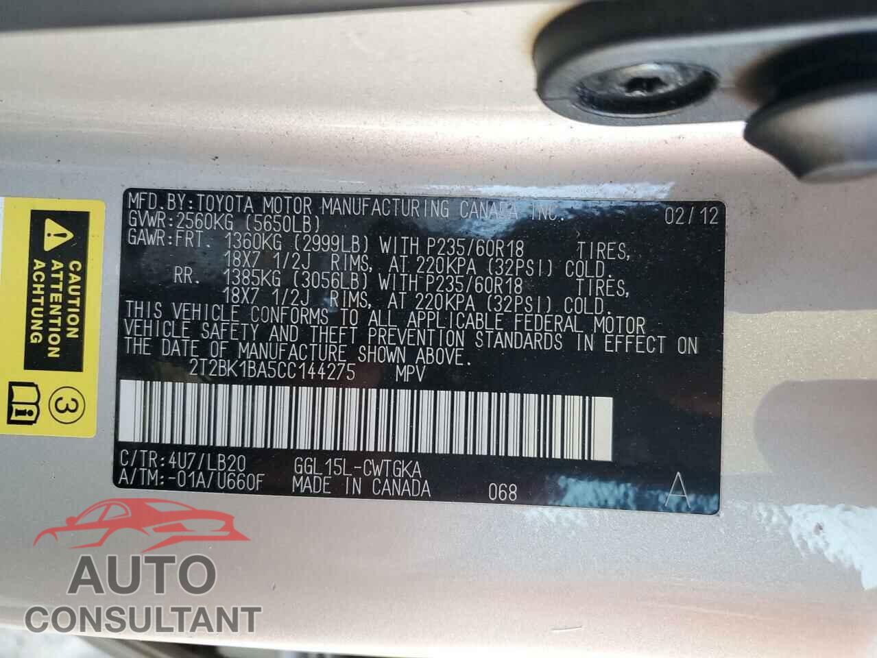 LEXUS RX350 2012 - 2T2BK1BA5CC144275